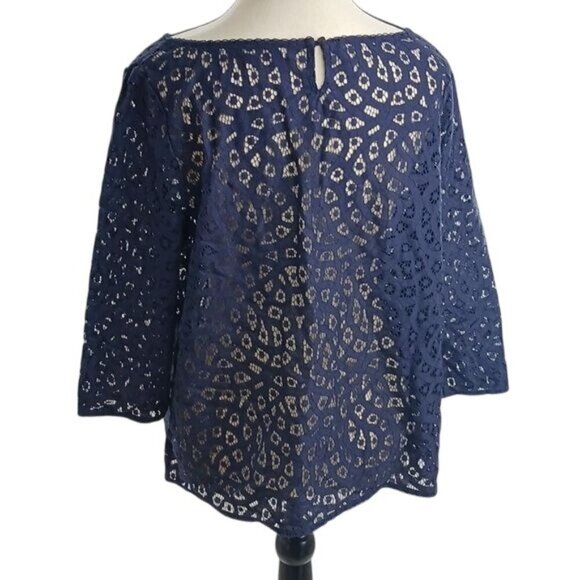 Loft Blouse Blue Lace Knit Classic 3/4 Sleeve Flowy Womens Size Large - Picture 5 of 7